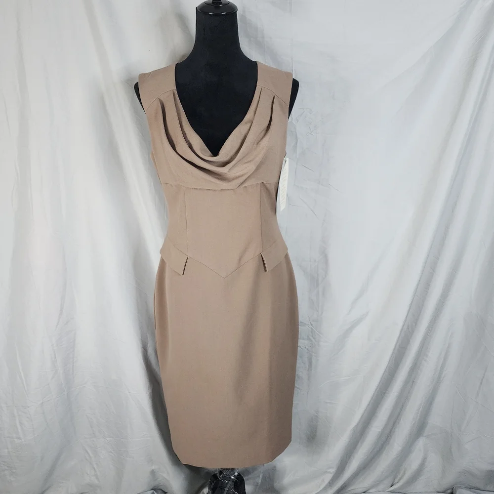 New! BOSTON PROPER Size 6 Brown Sleeveless Cowl Neck Satin Lined Sheath Dress - Picture 2 of 14